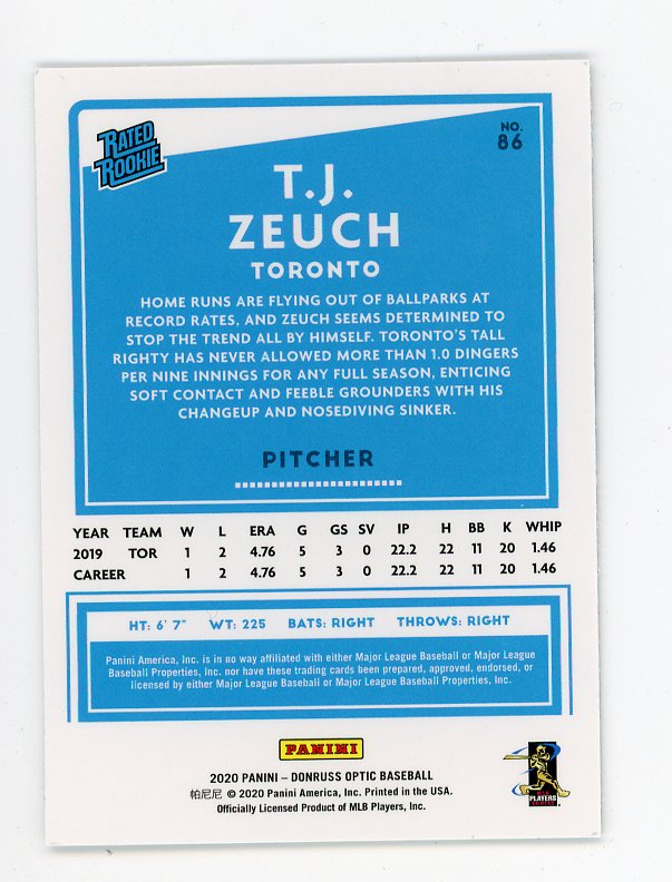 2020 T.J. Zeuch Rated Rookie Donruss Optic Toronto Blue Jays # 86