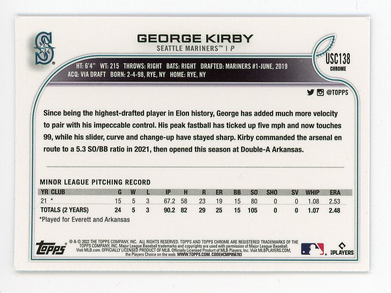 2022 George Kirby Rookie Topps Chrome Seattle Mariners # USC138