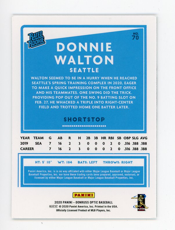 2020 Donnie Walton Rated Rookie Donruss Optic Seattle Mariners # 70