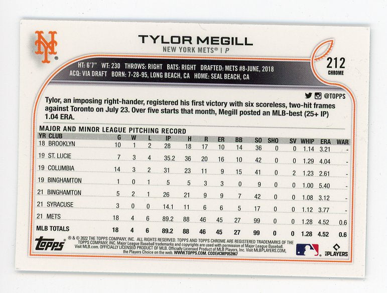 2022 Tylor Megill Rookie Topps Chrome New York Mets # 212