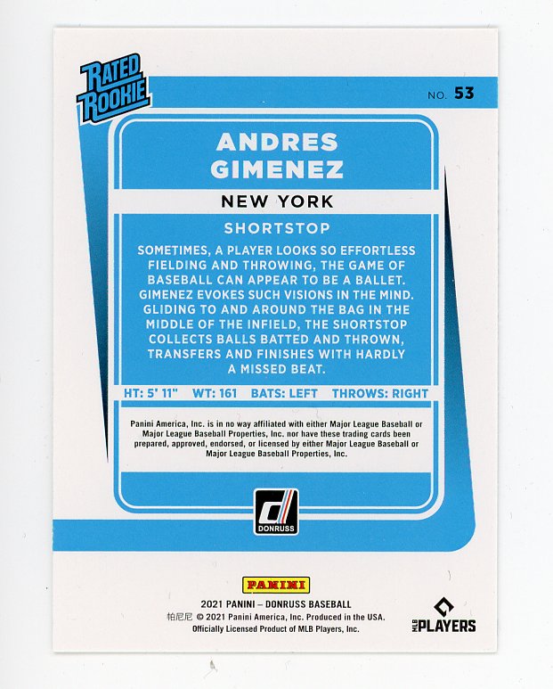 2021 Andres Gimenez Rated Rookie Donruss New York Mets # 53