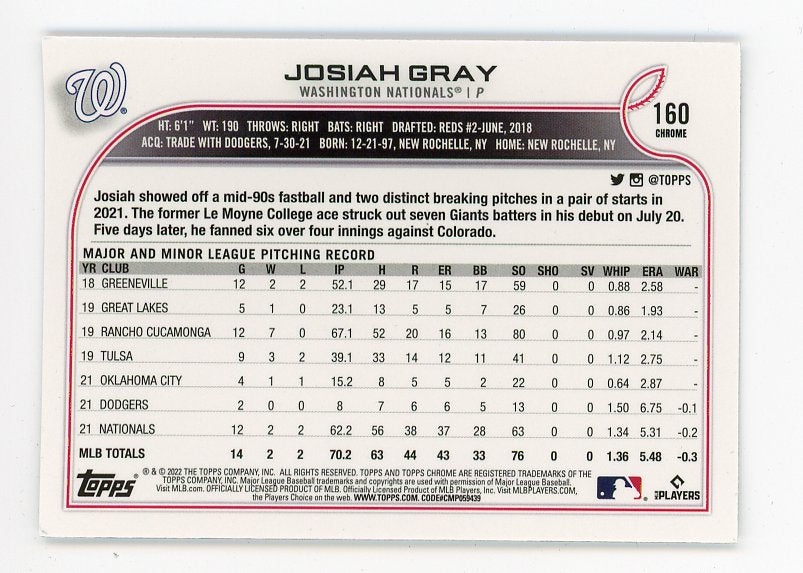 2022 Josiah Gray Rookie Topps Chrome Washington Nationals # 160