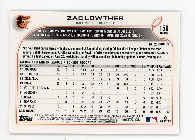 2022 Zac Lowther Rookie Topps Chrome Baltimore Orioles # 159