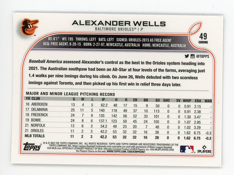 2022 Alexander Wells Rookie Topps Chrome Baltimore Orioles # 49