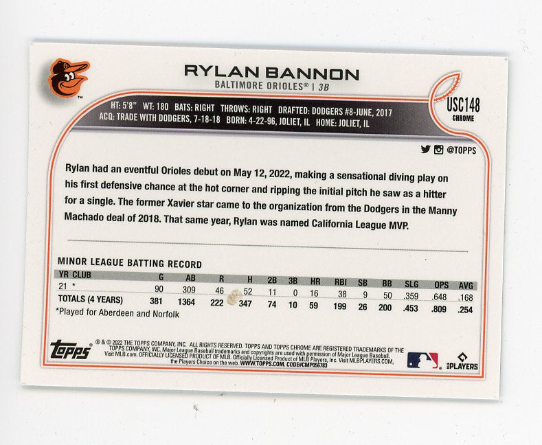 2022 Rylan Bannon Rookie Topps Chrome Baltimore Orioles # USC148