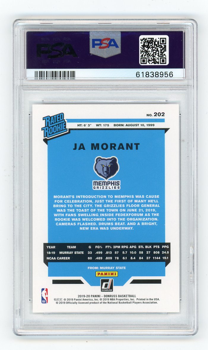2019-2020 Ja Morant Rated Rookie PSA 9 Donruss Memphis Grizzlies # 202