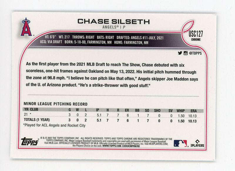 2022 Chase Silseth Purple Topps Chrome Los Angeles Angels # USC127