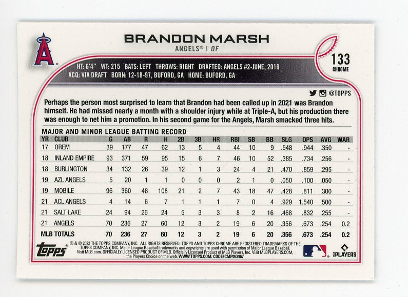 2022 Brandon Marsh Rookie Topps Chrome Los Angeles Angels # 133