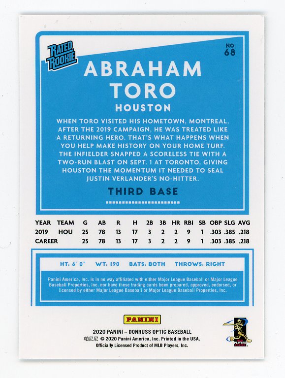 2020 Abraham Toro Rated Rookie Donruss Optic Houston Astros # 68