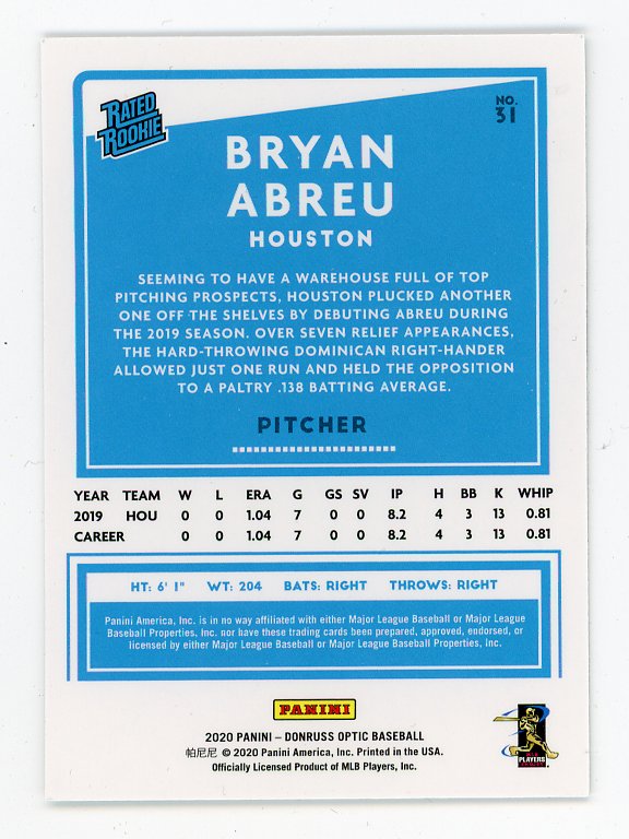2020 Bryan Abreu Rated Rookie Donruss Optic Houston Astros # 31