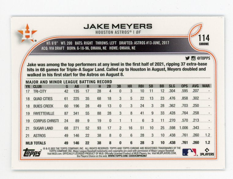 2022 Jake Meyers Rookie Topps Chrome Houston Astros # 114