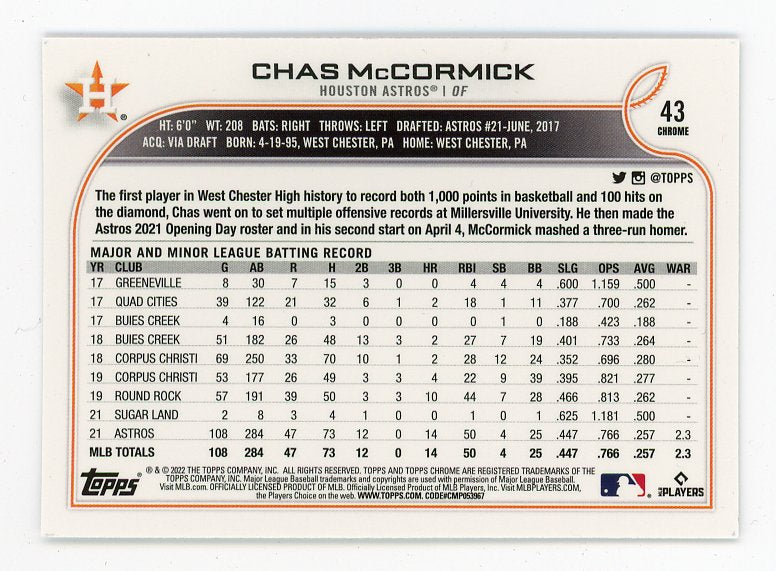 2022 Chas Mccormick Rookie Topps Chrome Houston Astros # 43