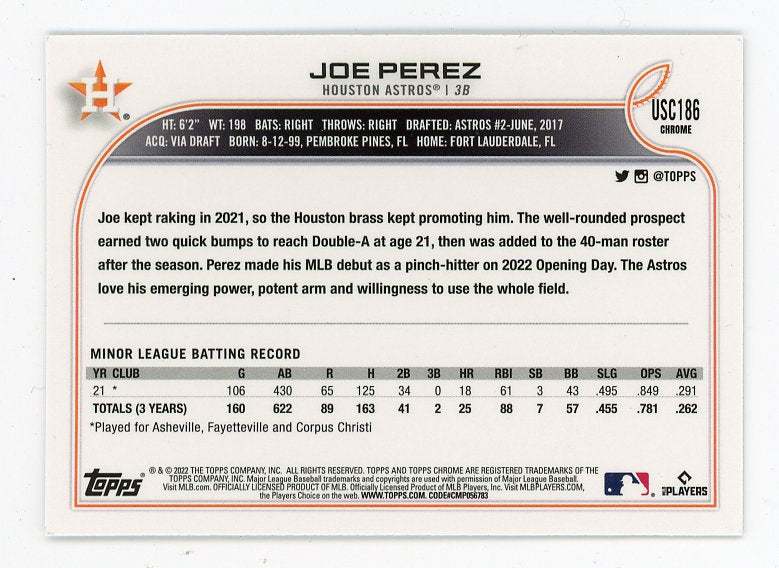 2022 Joe Perez Rookie Topps Chrome Houston Astros # USC186