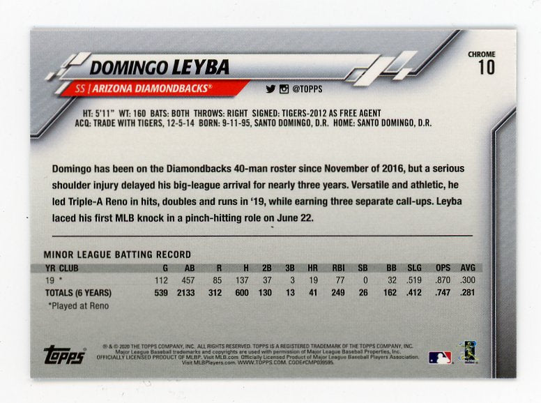 2020 Domingo Leyba Rookie Topps Chrome Arizona Diamondbacks # 10