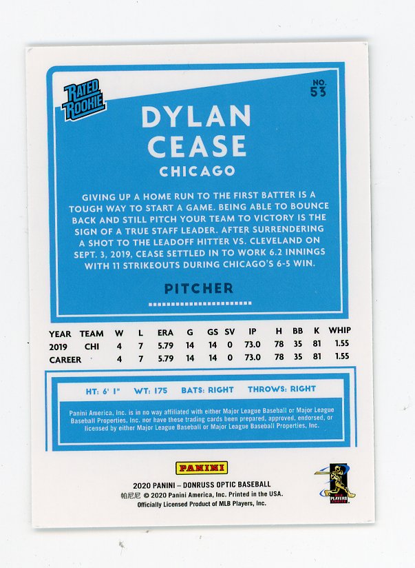 2020 Dylan Cease Rated Rookie Donruss Optic Chicago White Sox # 53