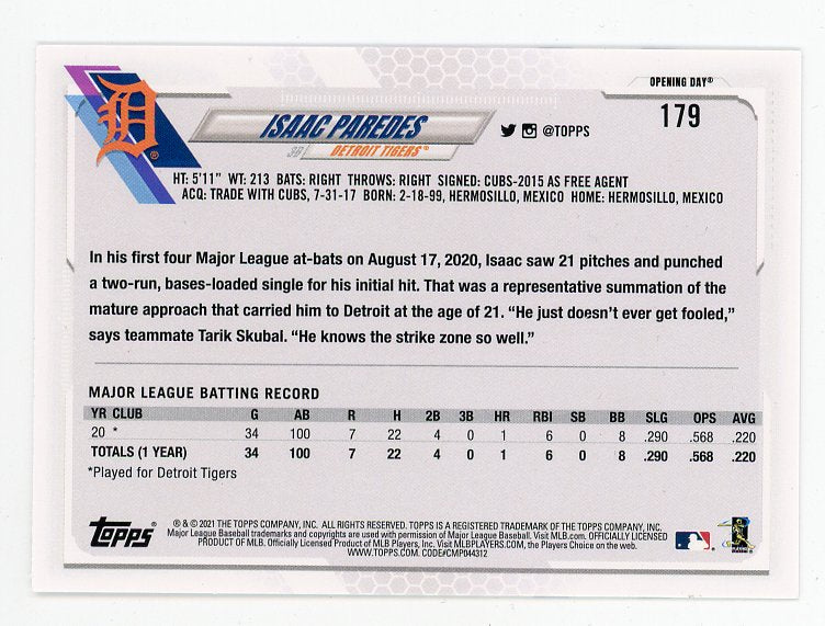 2021 Isaac Paredes Rookie Topps Opening Day Detroit Tigers # 179
