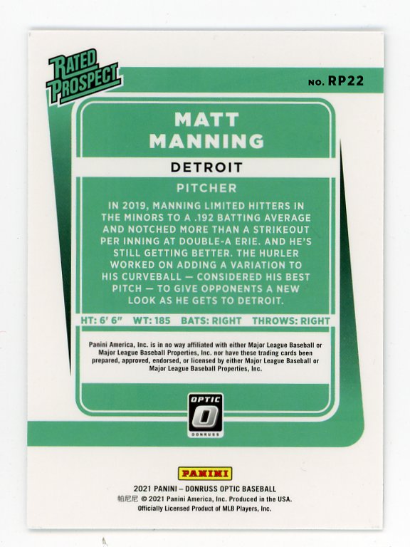 2021 Matt Manning Rated Prospect Donruss Optic Detroit Tigers # RP22