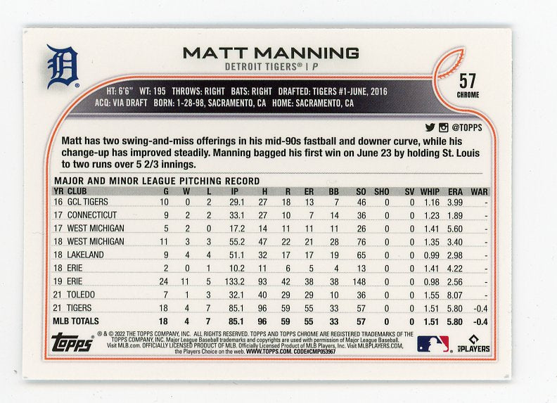 2022 Matt Manning Rookie Topps Chrome Detroit Tigers # 57