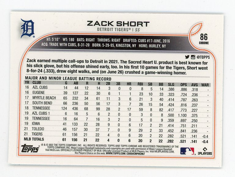 2022 Zack Short Rookie Topps Chrome Detroit Tigers # 86