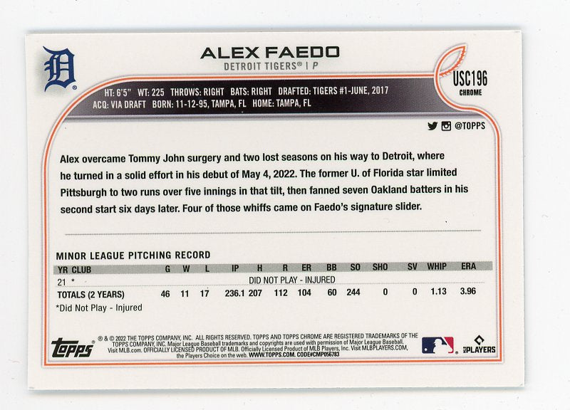 2022 Alex Faedo Rookie Topps Chrome Detroit Tigers # USC196