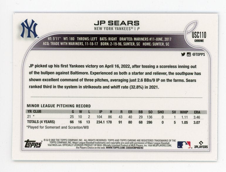 2022 JP Sears Rookie Topps Chrome New York Yankees # USC110