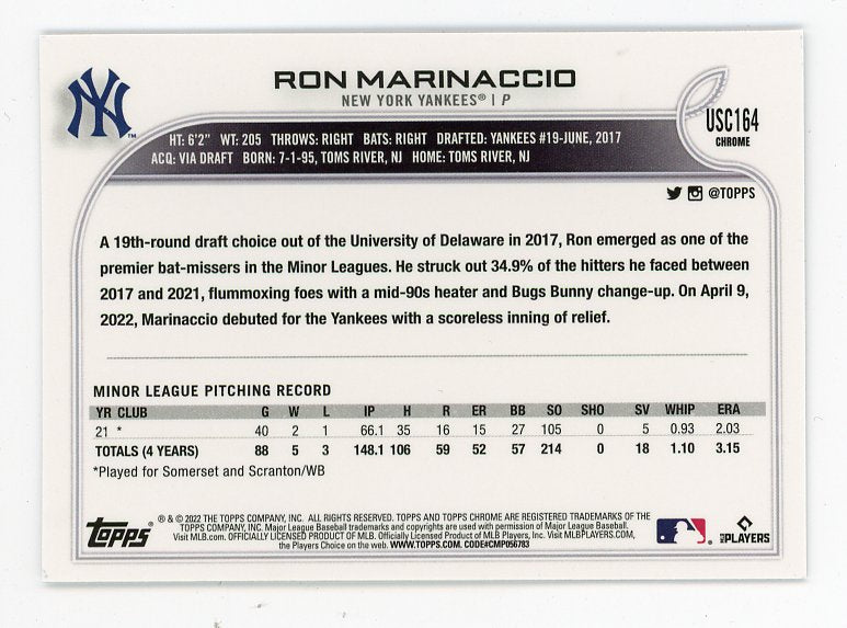 2022 Ron Marinaccio Rookie Topps Chrome New York Yankees # USC164