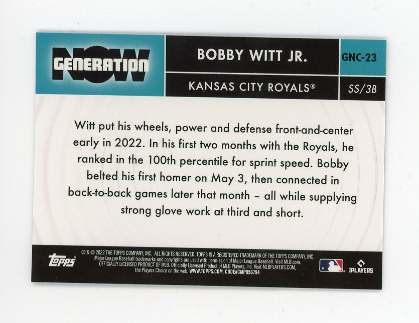 2022 Bobby Witt JR Generation Now Rookie Topps Chrome Kansas City Royals # GNC-23