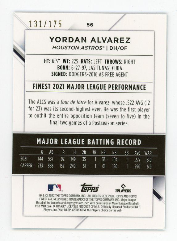 2022 Yordan Alvarez Aqua Shimmer #D /175 Topps Finest Houston Astros # 56