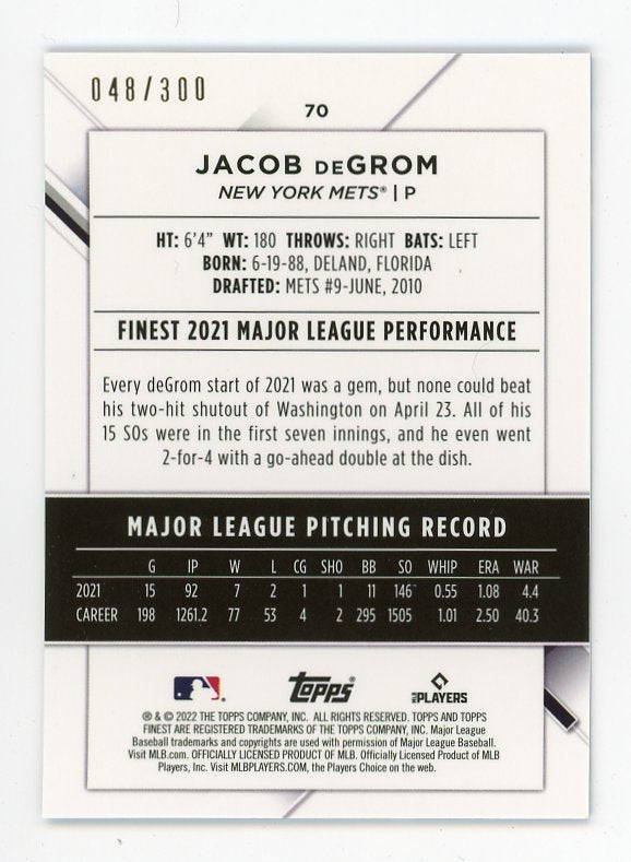 2022 Jacob Degrom Sky Blue #D /300 Topps Finest New York Mets # 70