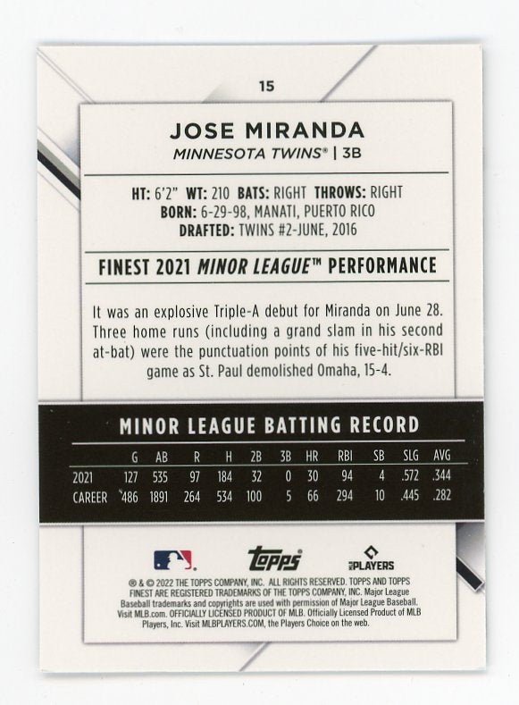 2022 Jose Miranda Rookie Topps Finest Minnesota Twins # 15