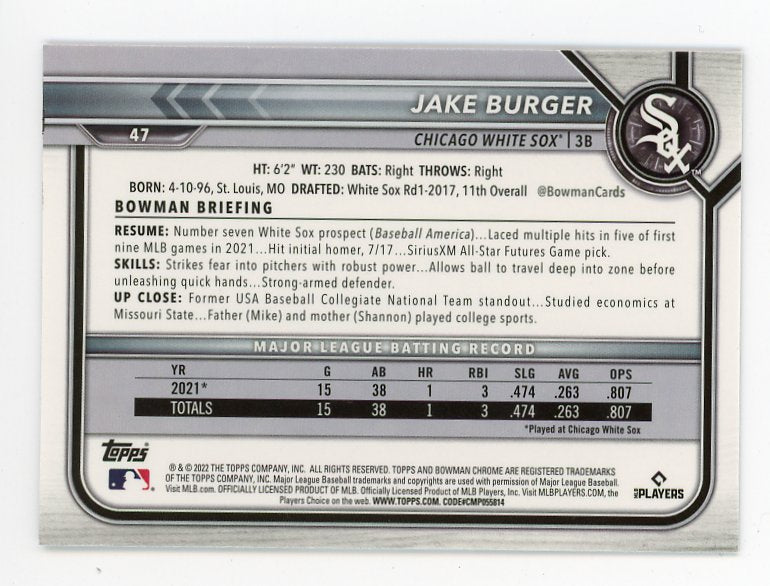 2022 Jake Burger Rookie Bowman Chrome Chicago White Sox # 47