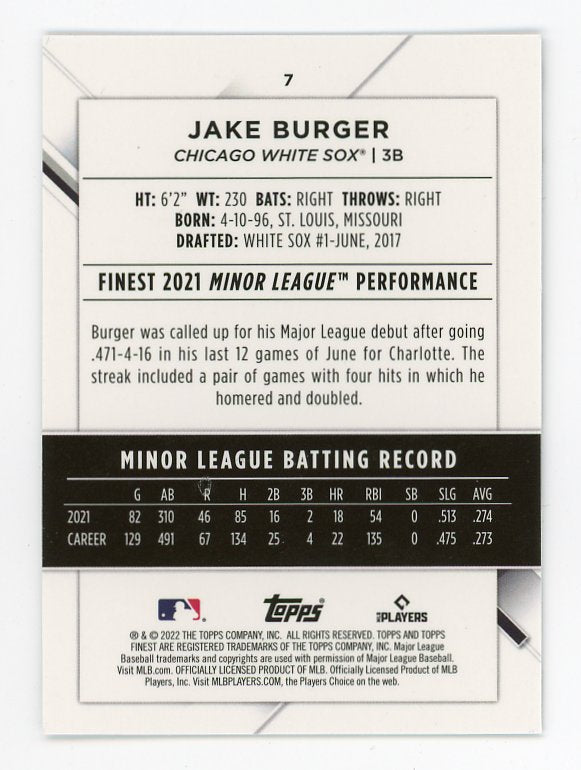 2022 Jake Burger Rookie Topps Finest Chicago White Sox # 7