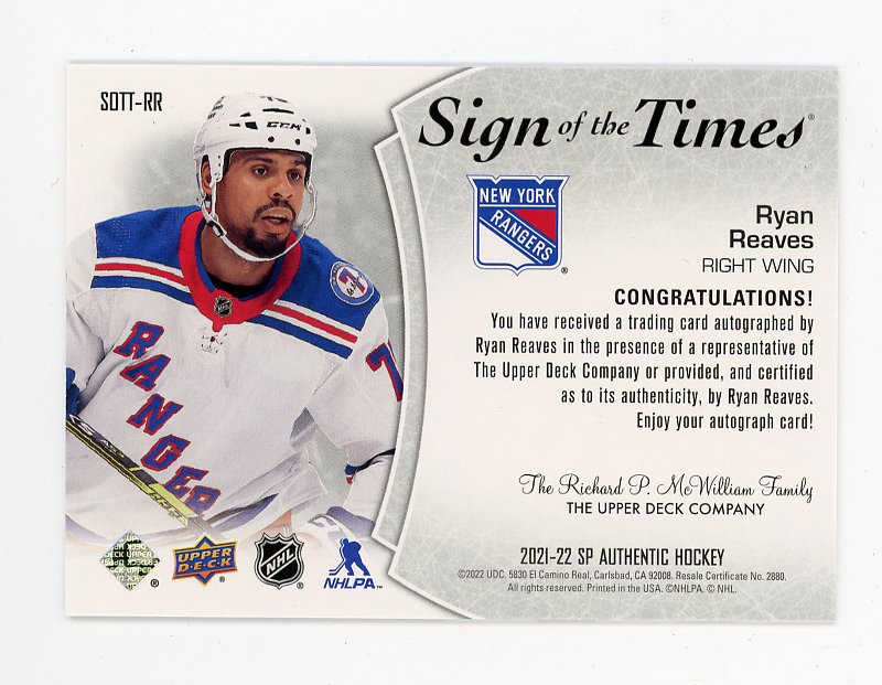 2021-2022 Ryan Reaves Sign Of The Times SP Authentic New York Rangers # SOTT-RR