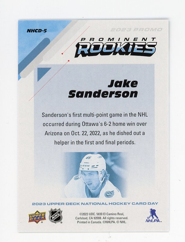 2023 Jake Sanderson Rookies National Hockey Card Day Ottawa Senators # NHCD-5