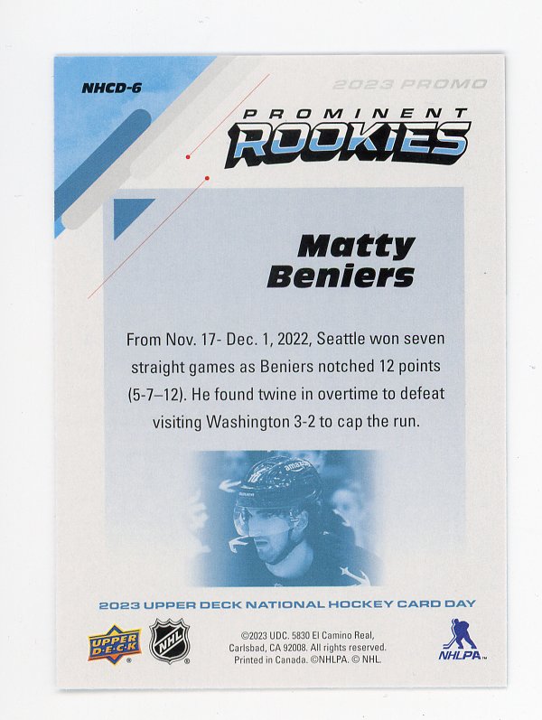 2023 Matty Beniers Rookies National Hockey Card Day Seattle Kraken # NHCD-6