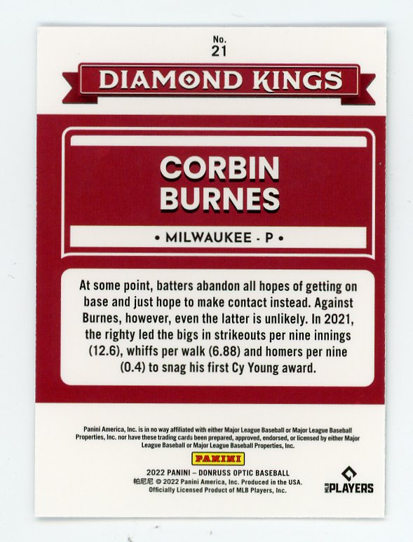 2022 Corbin Burnes Diamond Kings Donruss Optic Milwaukee Brewers # 21