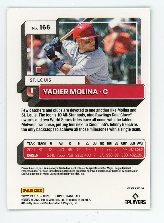 2022 Yadier Molina Lime Green Donruss Optic St.Louis Cardinals # 166
