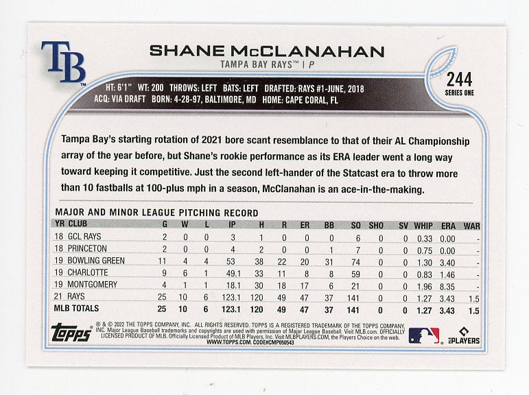 2022 Shane Mcclanahan Future Stars Topps Tampa Bay Rays # 244