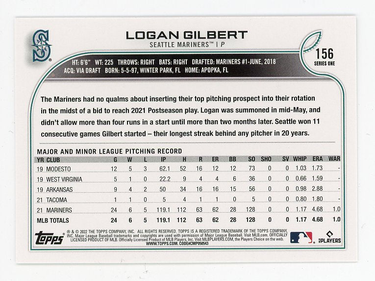 2022 Logan Gilbert Future Stars Topps Seattle Mariners # 156