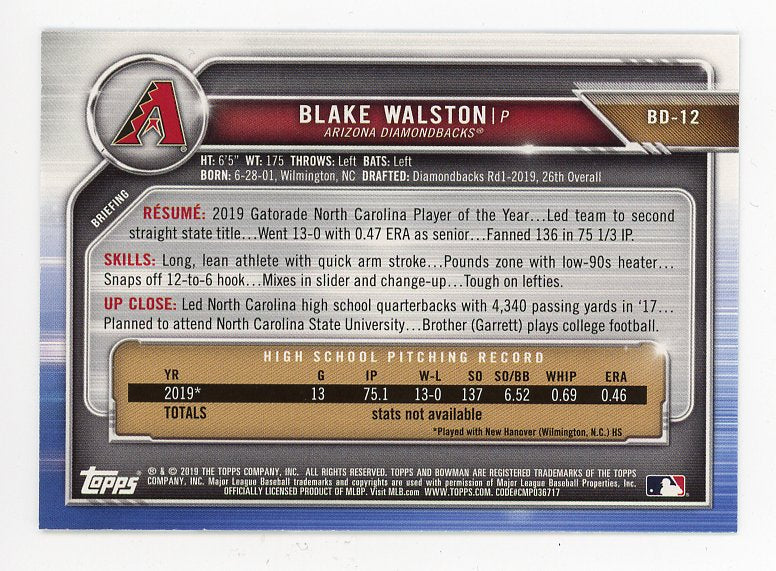 2019 Blake Walston #D /499 Bowman First Arizona Diamondbacks # BD-12