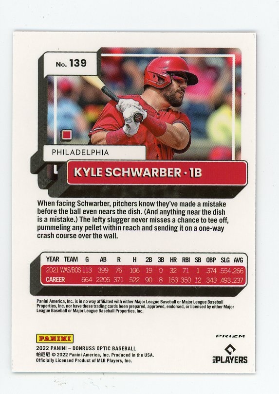 2022 Kyle Schwarber Pink Refractor Donruss Optic Philadelphia Phillies # 139