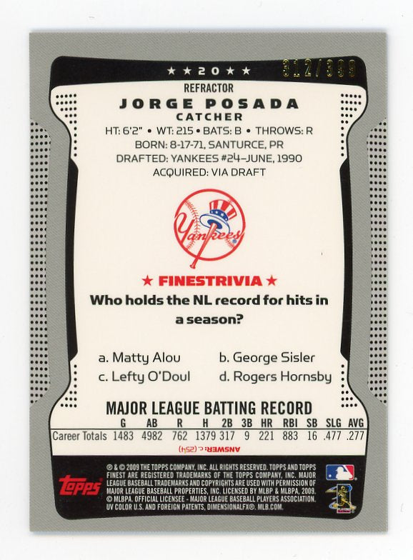 2009 Jorge Posada Blue Refractor #D /399 Topps Finest New York Yankees # 20