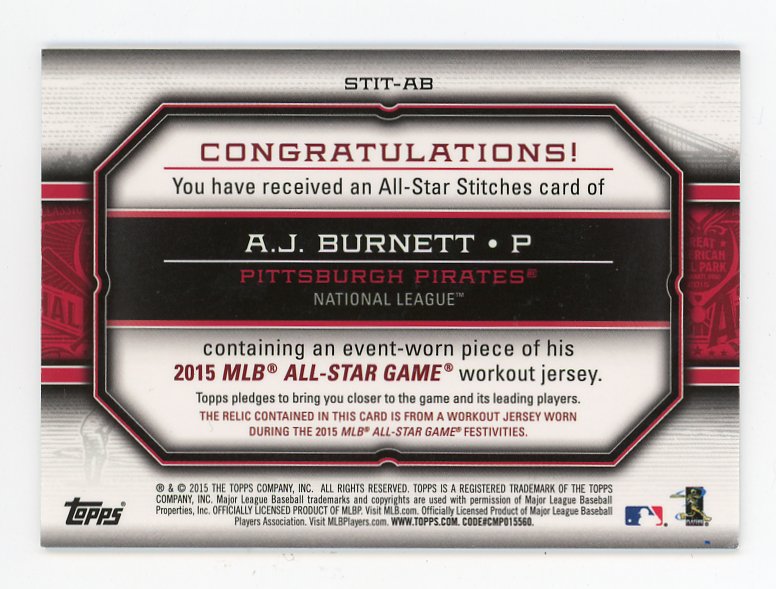 2015 A.J. Burnett All Star Game Jersey Topps Pittsburgh Pirates # STIT