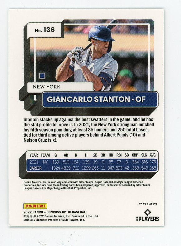 2022 Giancarlo Stanton Lime Green Refractor Donruss Optic New York Mets # 136