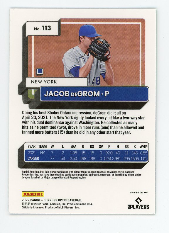 2022 Jacob Degrom Lime Green Refractor Donruss Optic New York Mets # 113