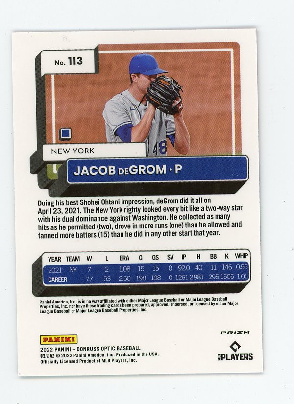 2022 Jacob Degrom Pink Refractor Donruss Optic New York Mets # 113