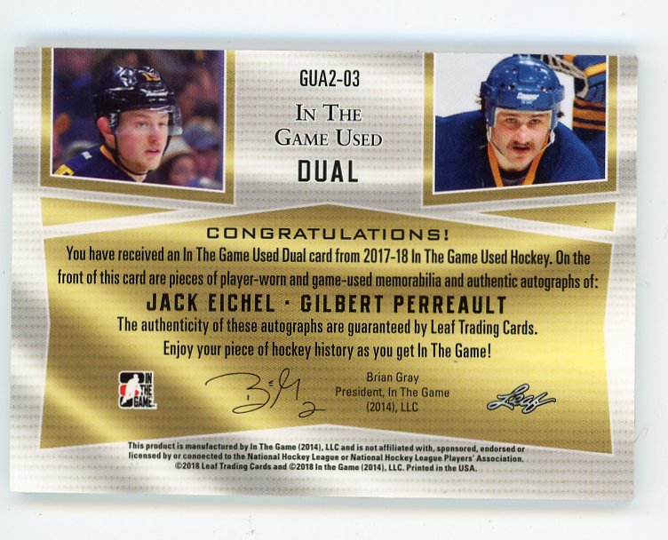2018 Jack Eichel And Gilbert Perreault In The Game Used Dual #D /25 Leaf Buffalo Sabres # GUA2-03