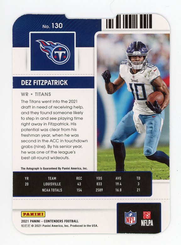 2021 Dez Fitzpatrick Rookie Ticket Auto #D /10 Panini Tennessee Titans # 130