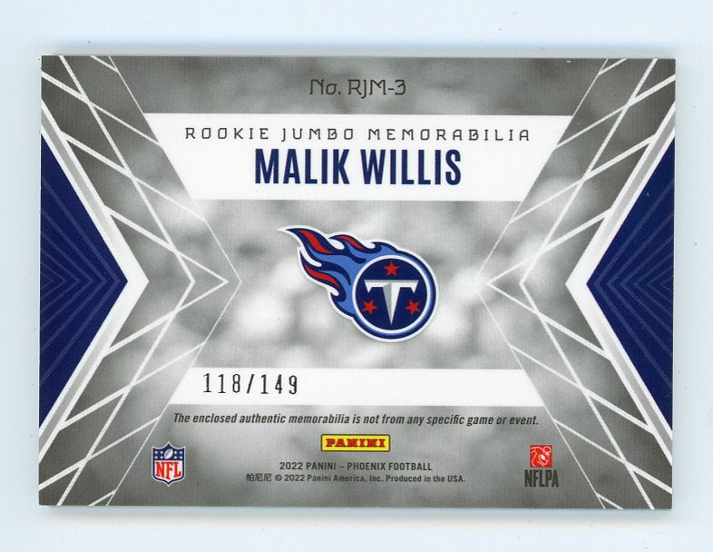 2022 Malik Willis Rookie Jumbo Memorabilia #D /149 Phoenix Tennessee Titans # RJM-3