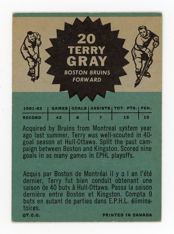 1962-1963 Terry Gray Boston Bruins # 20
